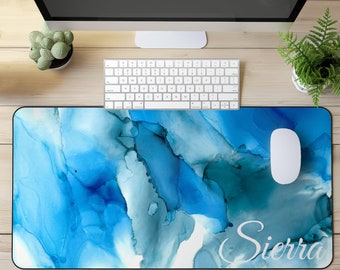 Blue Alcohol Ink Custom Name Desk Mat, 'Sapphires in Water' Original Art Watercolor Desk Pad, Desk Gaming Accessory, Abstract Workspace