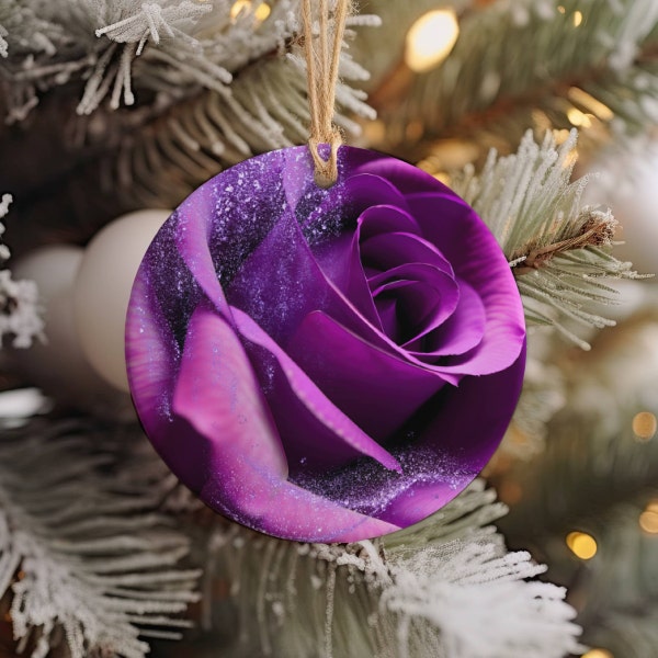 Purple Rose Ceramic Ornament, Christmas Decor Ornaments, Round Circle Heart Snowflake Shaped Ornament, Floral Flower Original Art Ornament