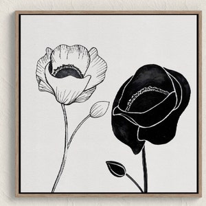 Original Poppies Drawing Canvas Art, Original Artwork Poppy Print, Black White Ink Floral Decor, Simple Flower Wall Art, Minimalist Hanging
