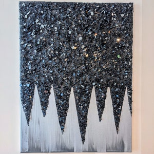 Glam Black Glitter Glass Painting, Black Wall Art, Bling Sparkly Decor, Abstract Modern Art, Sparkly Handmade Art Medium Portrait 18 x 24
