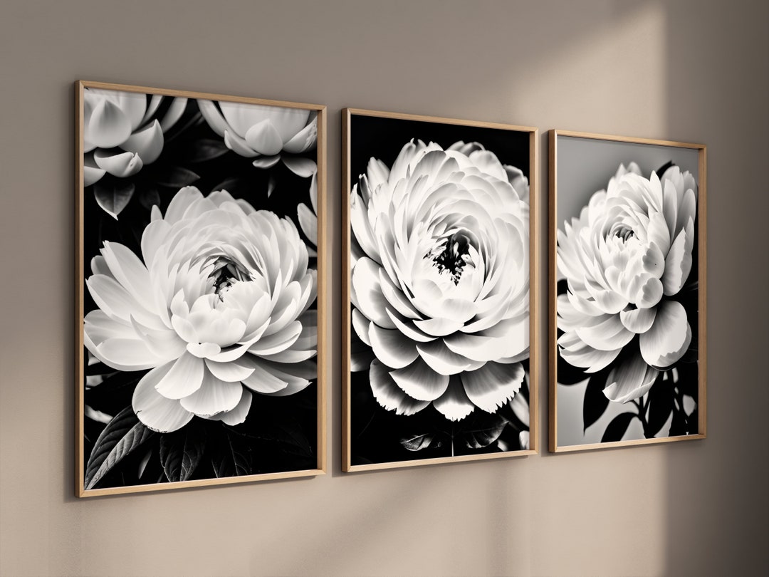 Black White Floral Wall Art Set of 3 Peony Prints Home Decor Flower