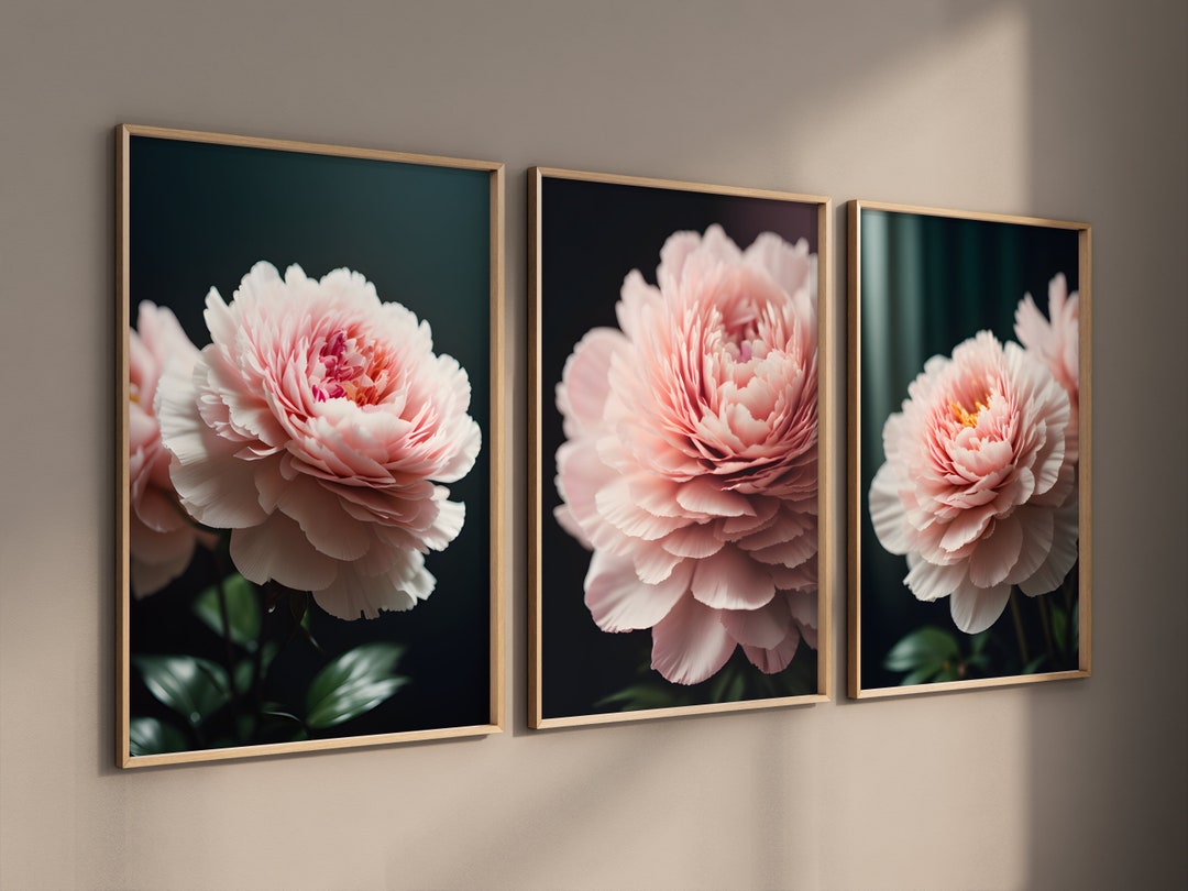 Light Pink Floral Wall Art Set of 3 Peony Prints Home Decor Flower ...