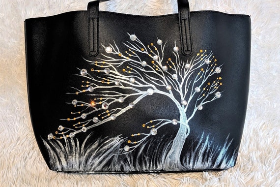 Hand Painted Black Tree Purse, Original Art Rhinestone Trees Handbag, Black  Woods Forest Artwork Painting Handmade Bag, Black Silver Tote