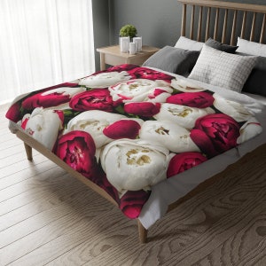 Velveteen Minky Blanket (Two-sided print), Red Peonies Blanket, Peony Blanket, Peonies Blanket, Red White Blanket, Red Blanket
