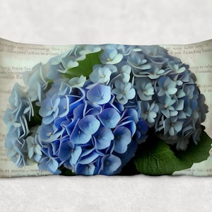 Light Blue HYDRANGEAS Shabby Chic Lumbar Pillow Floral Farmhouse Decor Vintage Cottage Large Hydrangea Flower Pillows Accent Throw