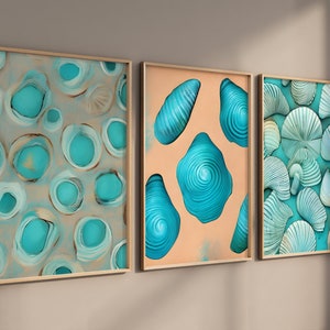 Coastal Set of 3 Wall Art Beach Prints Ocean Shell Shells Print Turquoise Aqua Artwork Beach House Decor Teal Minimalist Painting Nautical