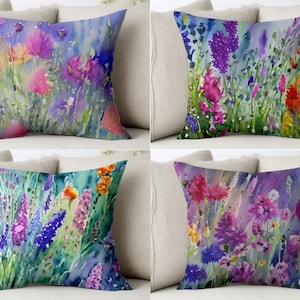 Stunning Colorful Wildflowers Throw Pillow Cover Bright Watercolor Flower Pillowcase Painting Sham Floral Cushion Case Covers Cottagecore