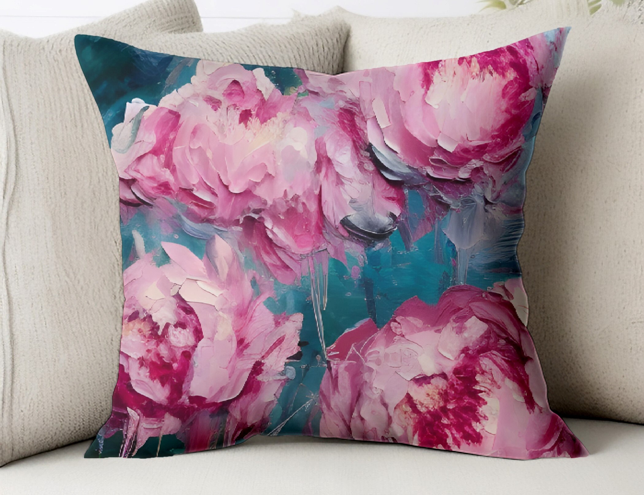 ピンクの牡丹のクッションカバー トレンディな花柄の枕カバー 抽象画の