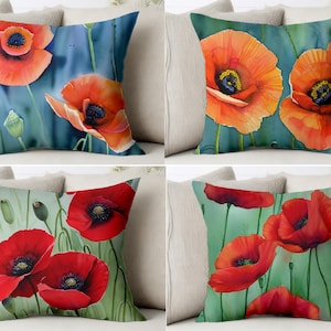 Watercolor Poppy Throw Pillow Cover Poppies Flower Pillowcase Red Orange Flowers Sham Floral Cushion Case Covers Nature Cottagecore Artwork