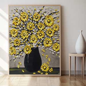 Original Artwork Floral Canvas Print, Yellow Daisy Flowers Gray Painting Art, Wall Decor, Modern Abstract Hand Painted Flowers Home Hanging