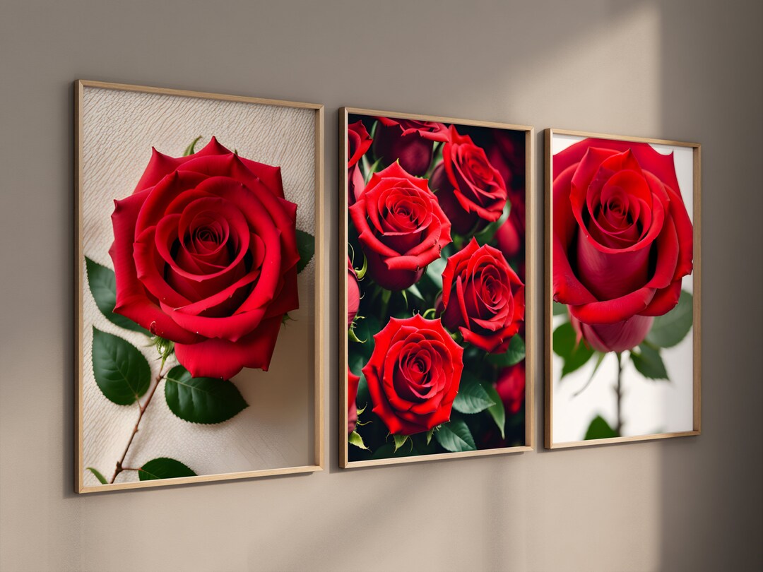 Red Floral Wall Art Set of 3 Rose Prints Home Decor Flower Flowers ...