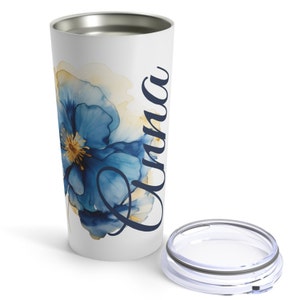 Custom Flower Tumbler with Name | Personalized Tumbler with lid and straw | Bachelorette Gifts | Bridesmaid Gift | Blue Floral Ink Art