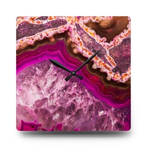 Abstract Modern Art Wall Clock | Acrylic Hot Pink Fuchsia Marble Design Wall Decor Clock Square Round Agate Geode