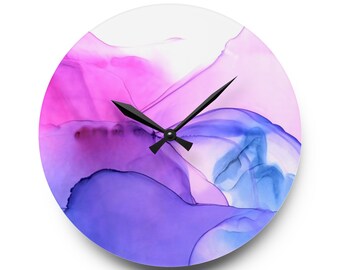 Abstract Modern Art Wall Clock | Acrylic Purple Pink Blue Alcohol