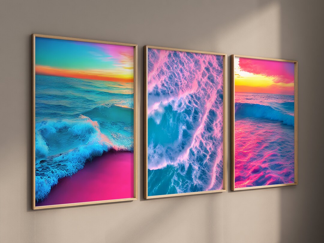 Ocean Set of 3 Wall Art Beach Prints Sunset Print Turquoise Aqua Pink ...