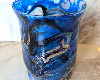 Blue Hand Painted Vase, Silver AccentHome Decor, Vibrant Accent Piece, Alcohol Ink Resin Glass, Boutique Vase, Table Centerpiece Abstract