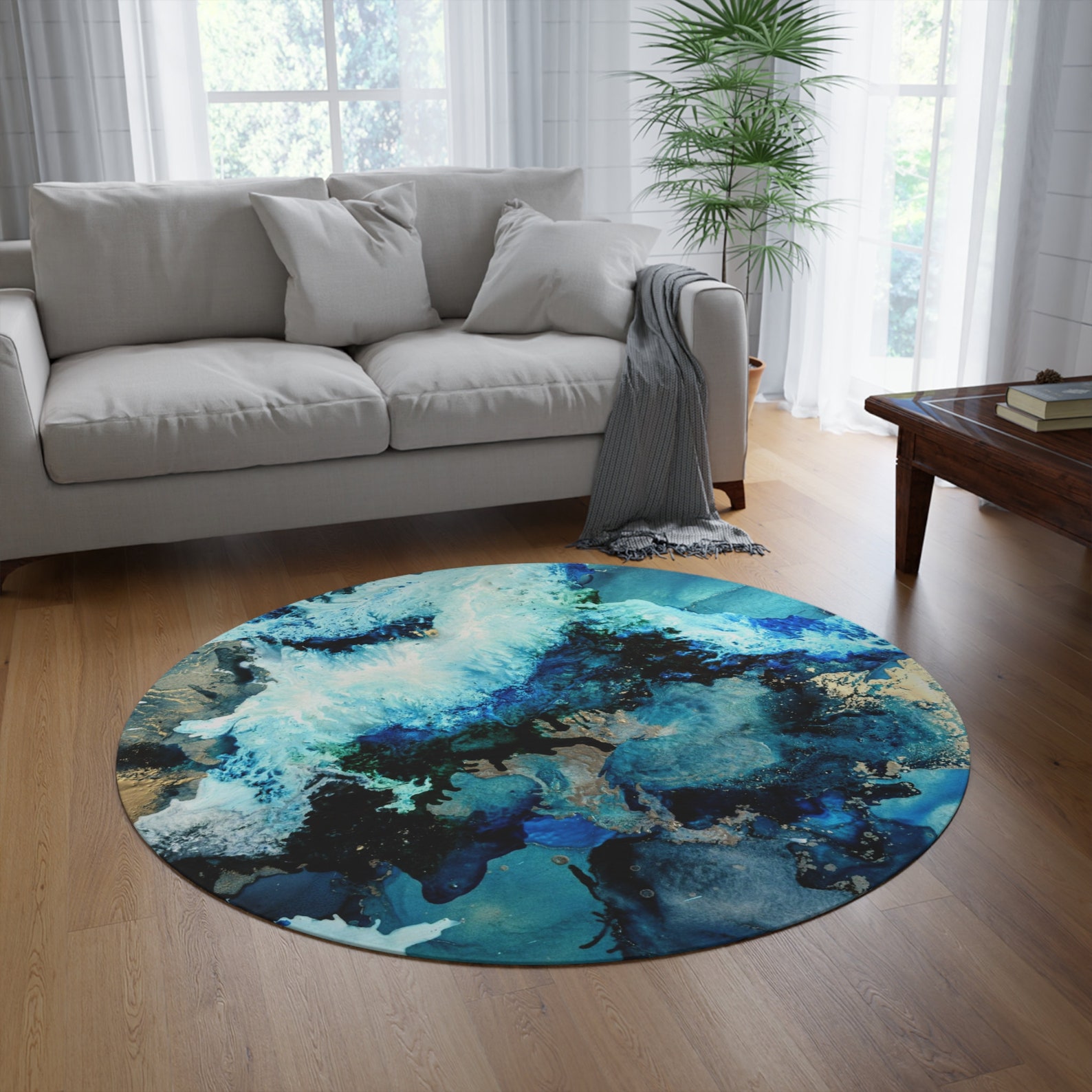 Abstract Blue Boho Rug, Round Blue Rug, Abstract Rug, Blue Mat ...