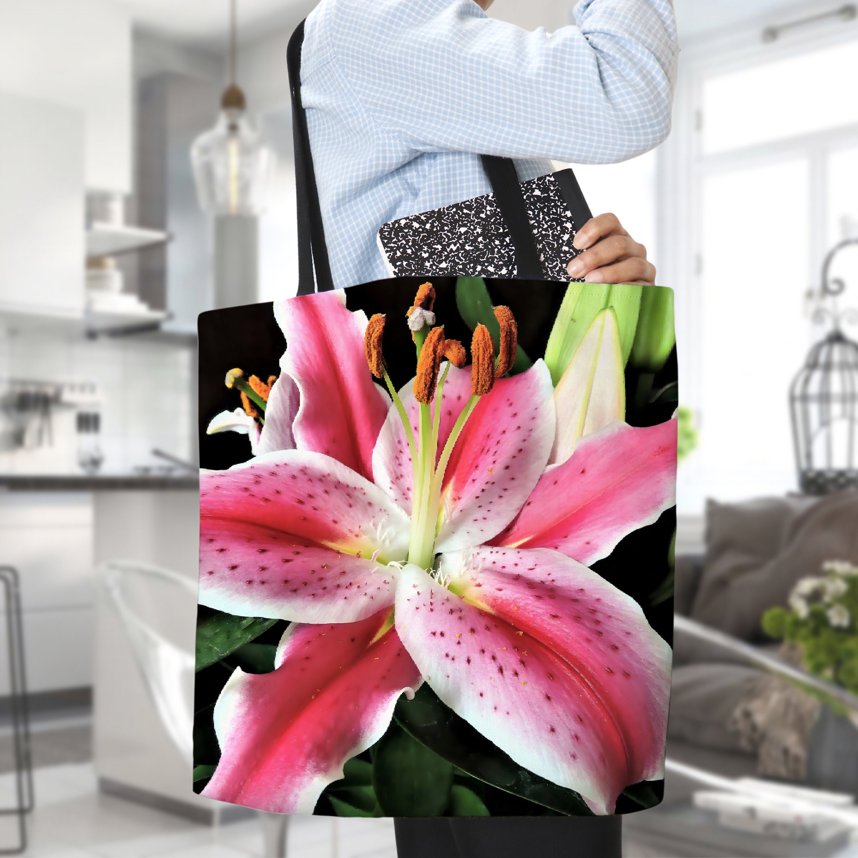 Pink Oriental Lily Tote Bag, Original Photo Art Macro Photography