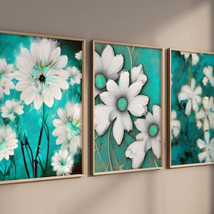 Turquoise Floral Wall Art Set Of 3 Aqua Prints Home Decor Flower Flowers Teal Farmhouse Modern Abstract Chic Wall Giclee Print Painting