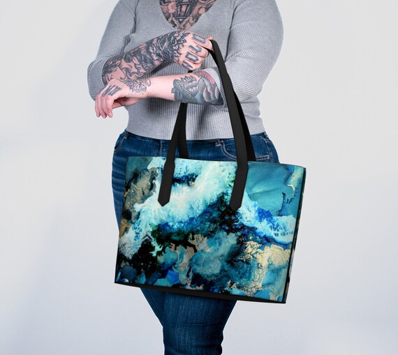 Art Vegan Leather Tote Bag, Blue Shoulder Bag, Artwork  display picture 1