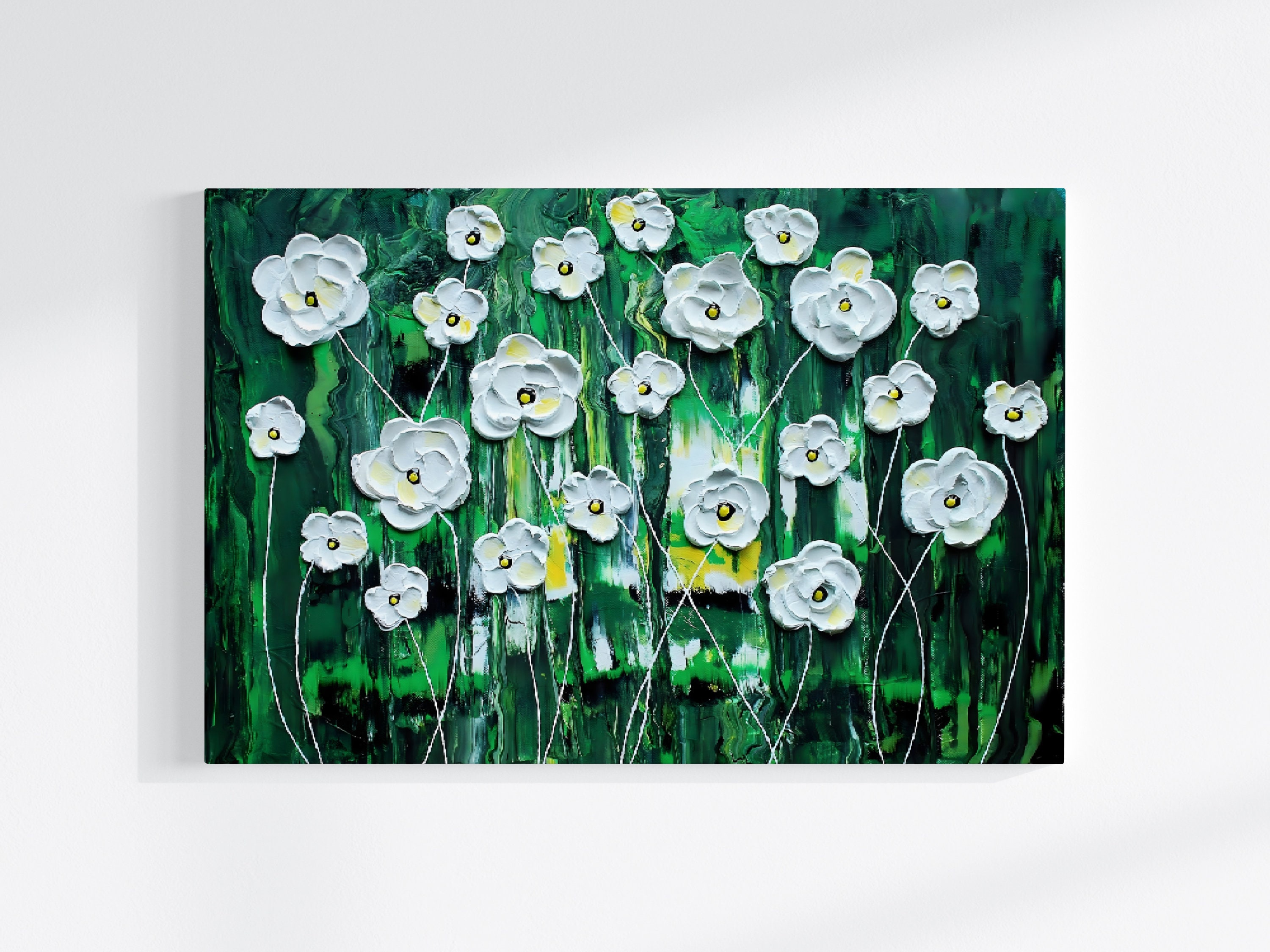 油絵アート（green flower） Original Artwork Green Floral Art Print, Emerald Blossoms Painting