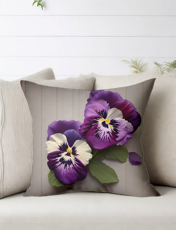 Purple Lavender Pansies Shabby Chic Decorative Pillow Floral Farmhouse  Decor Vintage Cottage Large Peony Pillows Accent Throw Faux Suede