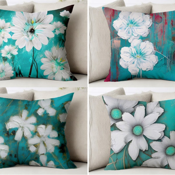 Turquoise Floral Throw Pillow Cover Trendy White Teal Aqua Flower Pillowcase Trend Abstract Painting Sham Cushion Case Covers Flowers Art