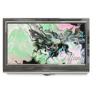 Porta biglietti da visita arte astratta / Custodia porta biglietti da visita verde menta arte originale "Beautiful Enigma" / Custodia personalizzata con nome personalizzato