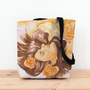 Original Kunst Tote 'Eingeschlafen mit Rosen 'Pfirsich Tasche, Frau Malerei Kunstwerk, Einkaufstasche, Schultertasche, Windeltasche, moderne Kunst gemalt