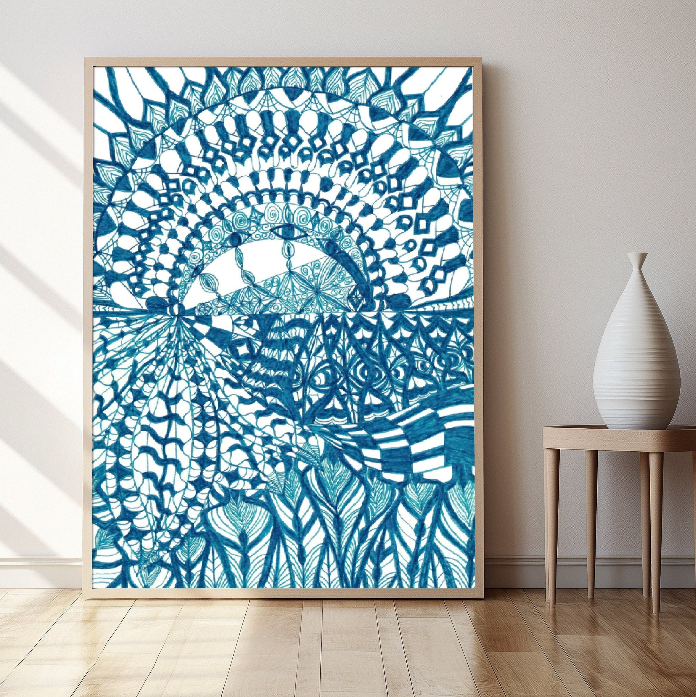 オリジナルアートワークペン画プリント、ティールターコイズ直感