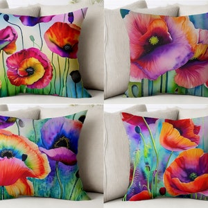 Stunning Colorful Poppies Throw Pillow Cover Bright Watercolor Flower Pillowcase Painting Sham Floral Cushion Case Covers Cottagecore Art