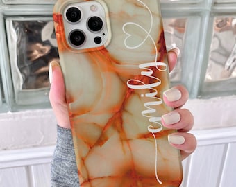 Custom Orange Marble Phone Case | Personalized Agate Slim Phone Case | Name Phone Case | iPhone Case | Gift for Her | Heart Font