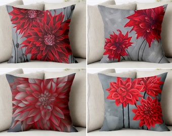Red Dahlias Throw Pillow Cover Trendy Floral Red Gray Flower Pillowcase Trend Abstract Painting Sham Flowers Cushion Case Covers Artwork Art