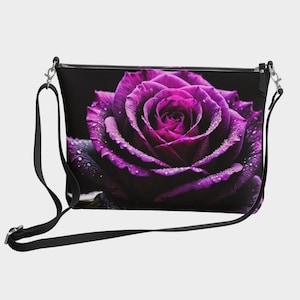 Purple Rose Crossbody Bag, Floral Print Purse, Flower Shoulder Bag, Original Art Handbag