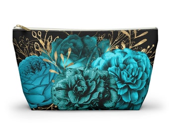 Turquoise Peony make-up tas, Peony make-up tas, Turquoise make-up tas, Peony cosmetica tas, Floral make-up tas