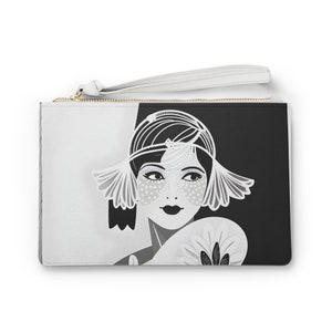 Art deco Flapper Dame Clutch Tasche schwarz weiß kleine Geldbörse Vintage Accessoire 1920er Jahre Frau elegant retro Kunstwerk nouveau vegan