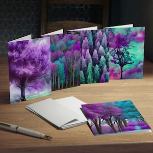 Cartes de vœux de la forêt sarcelle pourpre (paquet de 5) | Cartes multi-design | Cartes de notes d'arbre | Cartes Forêt | Cartes de correspondance vierges | Cartes de correspondance turquoise