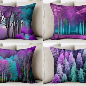 Purple Teal Forest Throw Pillow Cover Woods Federa Pine Trees Sham Tree Turquoise Cushion Case Covers Nature Woodlands Artwork Art