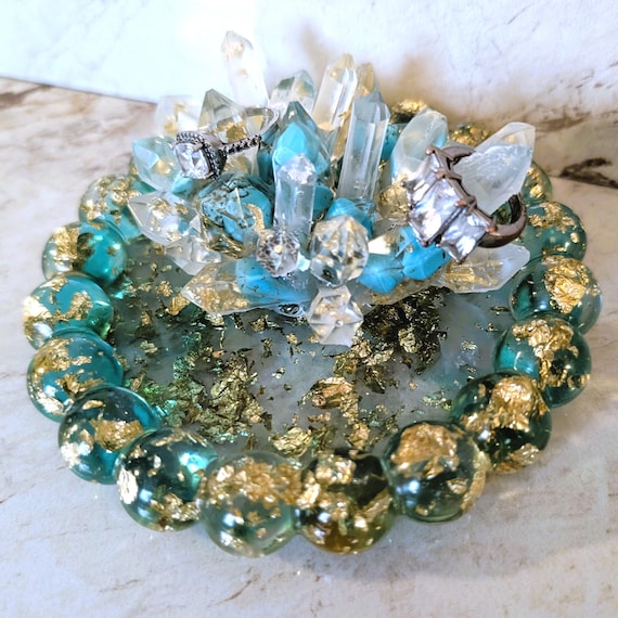 Resin Gemstone Ring Holder | Gold Silver Leaf Jewelry Dish | Handmade Handcrafted Gift for Her Crystal Cluster Ring Organizer
