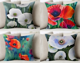 Watercolor Poppy Throw Pillow Cover Poppies Flower Pillowcase Red White Flowers Sham Floral Cushion Case Covers Nature Cottagecore Artwork