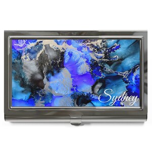 Titular de la tarjeta de visita de tinta de alcohol / Arte original 'Frosted Blue' Arte abstracto Caja del titular de la tarjeta de visita azul / Nombre personalizado Caso personalizado
