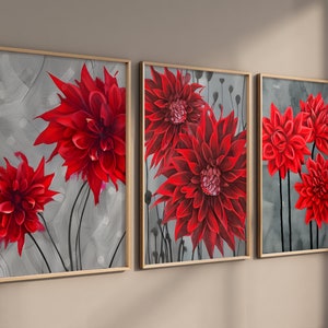 Red Floral Wall Art Set Of 3 Dahlia Prints Home Decor Flower Flowers Gray Grey Living Room Nursery Farmhouse Modern Chic Abstract Wall Print