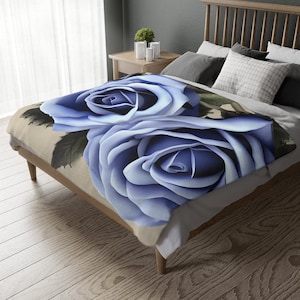Velveteen Minky Blanket (Two-sided print), Blue Roses Blanket, Blue Blanket, Rose Blanket, Roses Blanket, Flower Blanket, Gifts Under 50