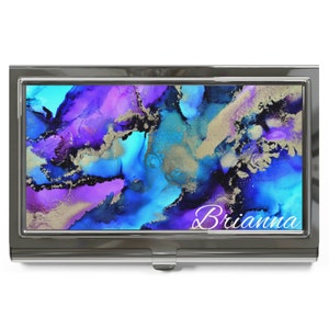 Porta biglietti da visita con inchiostro alcolico / Custodia porta biglietti da visita con arte originale "Cloudy Dream" astratto blu viola / Nome personalizzato personalizzato
