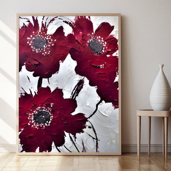 Red Floral Wall Art Canvas Etsy