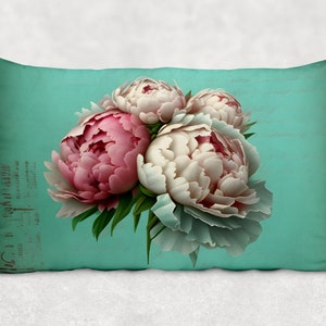 Pink PEONIES Shabby Chic Lumbar Pillow Floral Mint Aqua Farmhouse Decor Vintage Cottage Large Peony Flower Rectangle Pillows Accent Throw