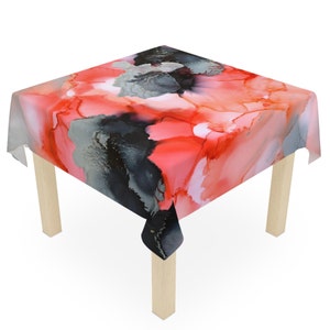 Coral Abstract Table Cloth | Original Peach Art Alcohol Ink Abstract Tablecloth | Modern Eclectic Orange Kitchen Dining Room Decor