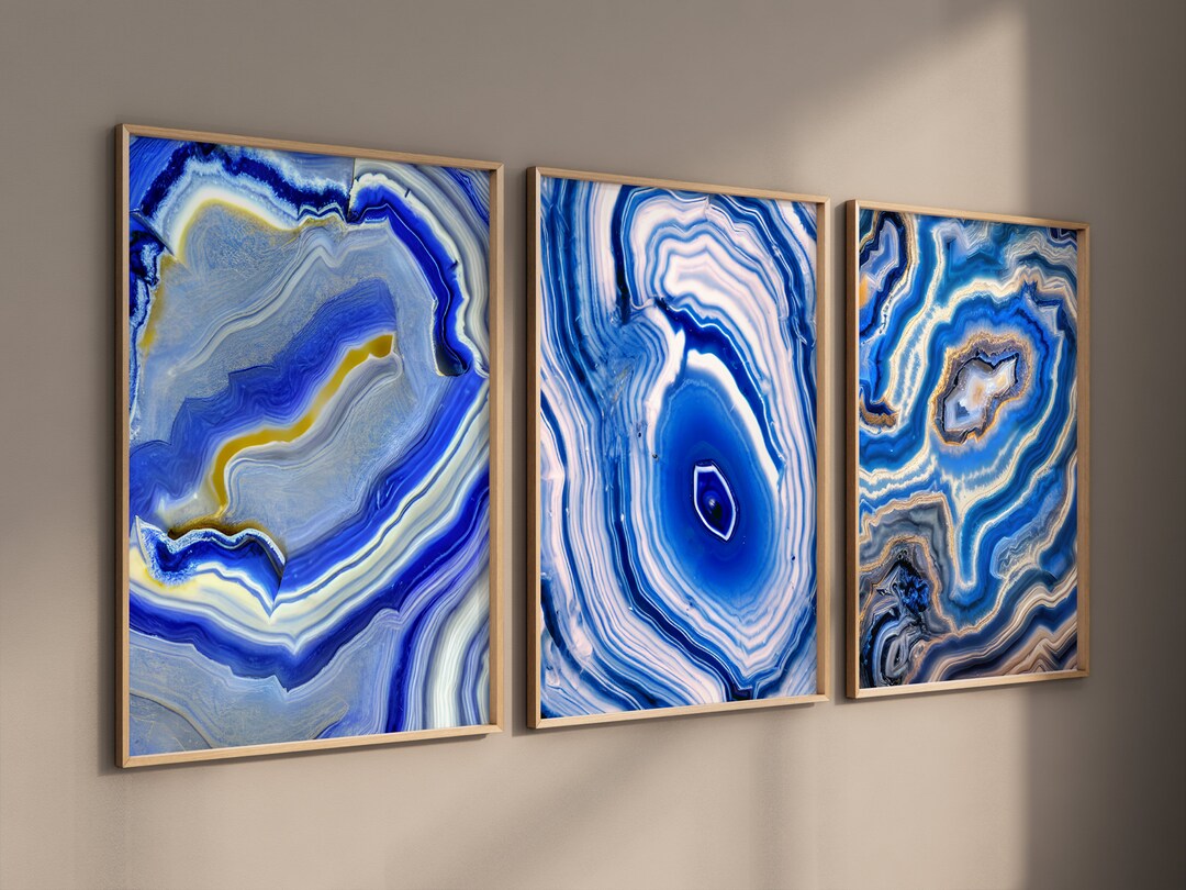 Printable Set of 3 Agate Wall Art Prints Blue White Marble Modern ...