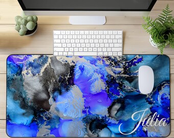Blue Alcohol Ink Custom Name Desk Mat, 'Frosted Blue' Original Art Watercolor Desk Pad, Desk Gaming Accessory, Modern Workspace, Boho Desk