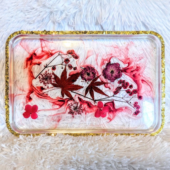 Pink Leaves Rectangle Art Tray